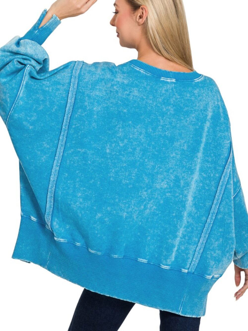 Zenana acid wash fleece batwing oversized sweatshirt -deep camel-1X - Picture 2 of 2